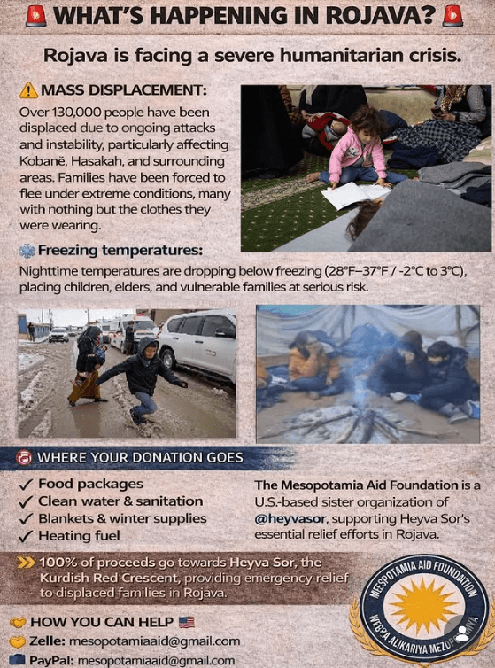 Winter emergency poster about displacement and urgent needs in Rojava.